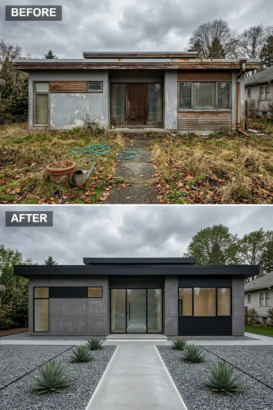 Home clad in large-format concrete panels with black aluminum window frames and a tall glass door, fronted by dark-gray gravel, sculptural agave, and LED-lit concrete walk