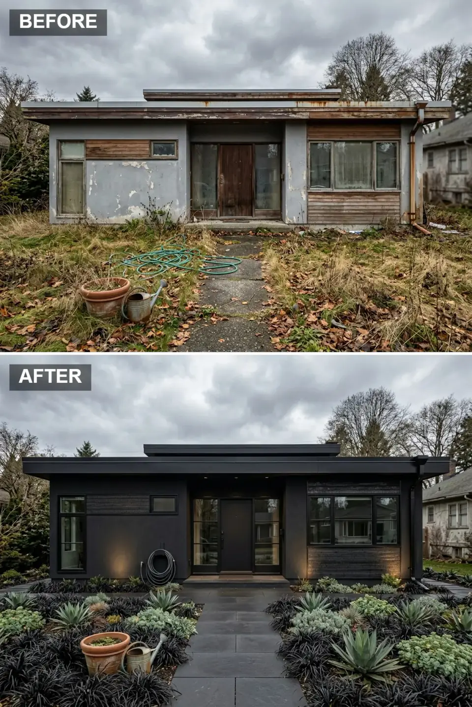 Home rendered entirely in deep black and charcoal across stucco, siding, and trim, with black mondo grass plantings, an aged-terracotta planter, and warm up-lighting