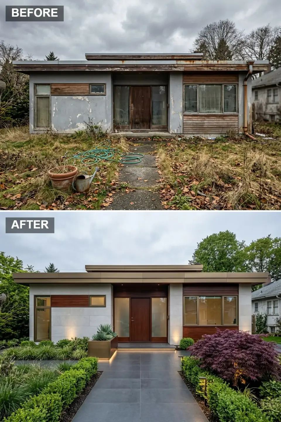 Home faced with large-format cream limestone and rich walnut wood panels, a bronze planter with integrated lighting, layered boxwoods, and a Japanese maple