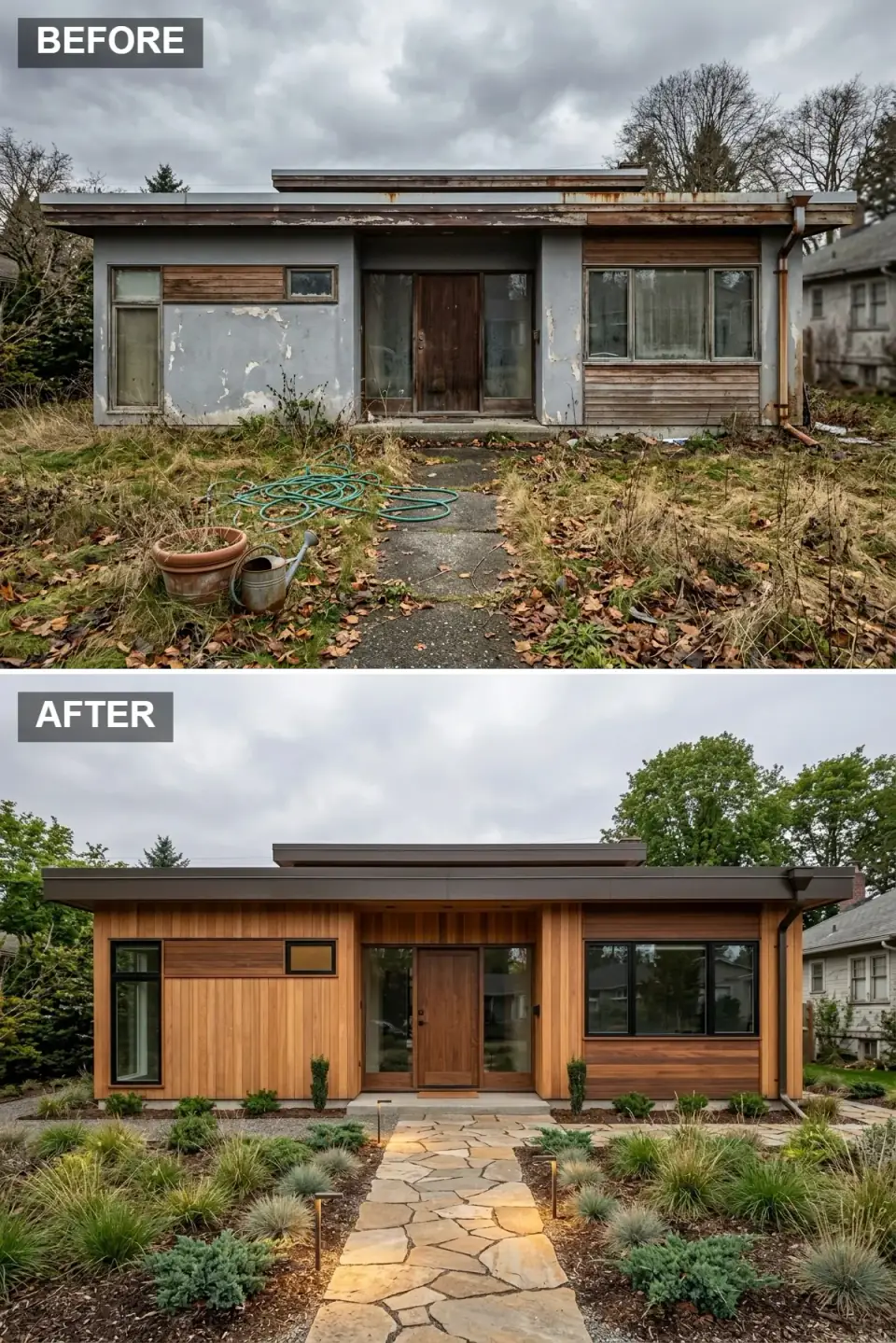 Home fully clad in vertical natural cedar siding with dark-bronze fascia and black window frames, fronted by a winding tan flagstone path through native grasses and junipers