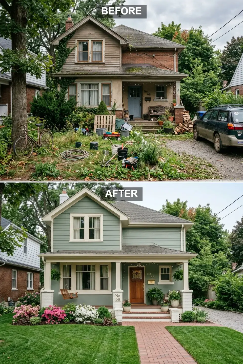 Sage-green clapboard cottage with cream trim, white porch columns on brick bases, mahogany leaded-glass front door, and a herringbone brick walkway bordered by pink azaleas