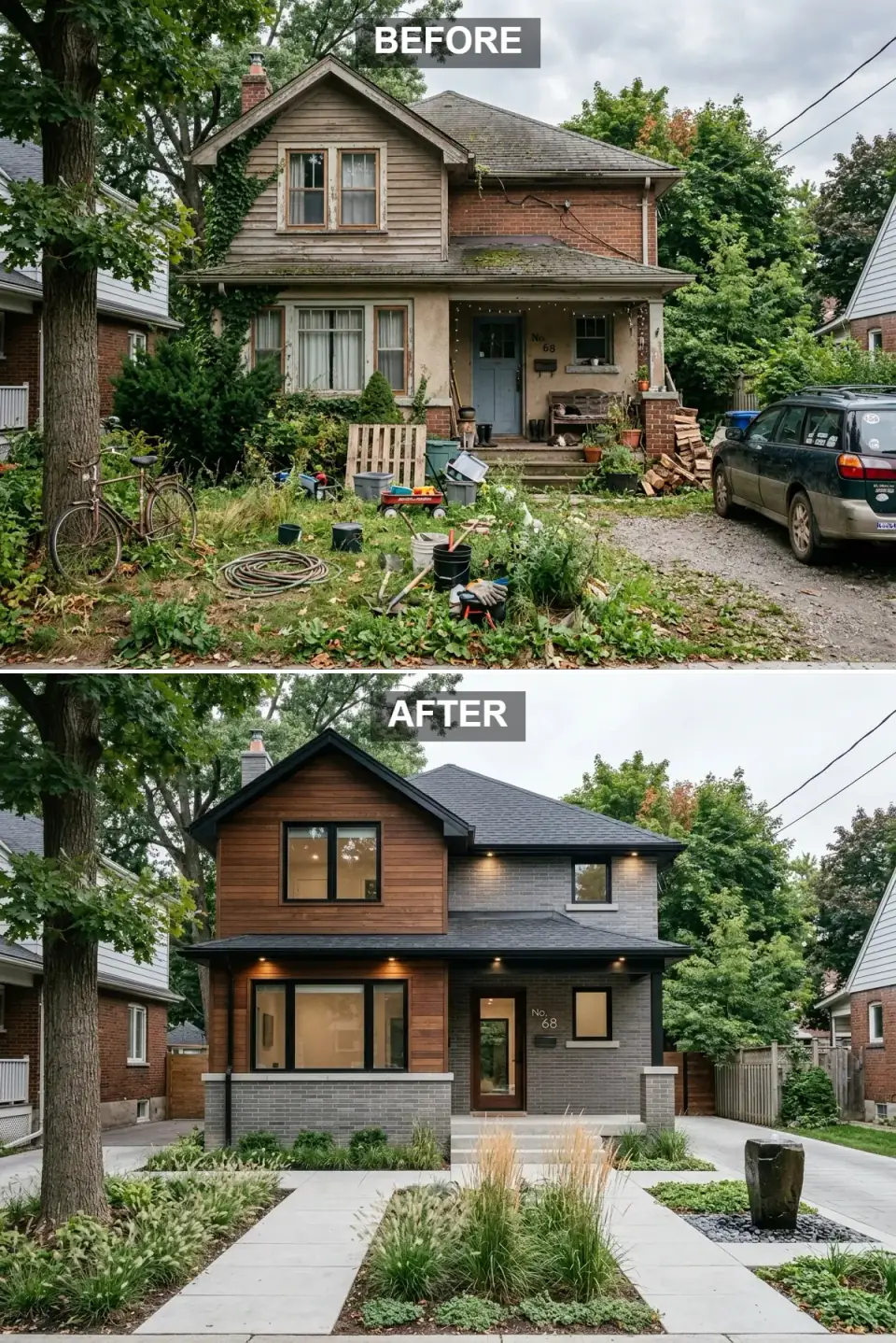 Contemporary home with split materials — warm cedar cladding on the upper gable over cool grey brick, black-framed windows, integrated soffit lighting, and a xeriscape of architectural grasses and concrete pavers