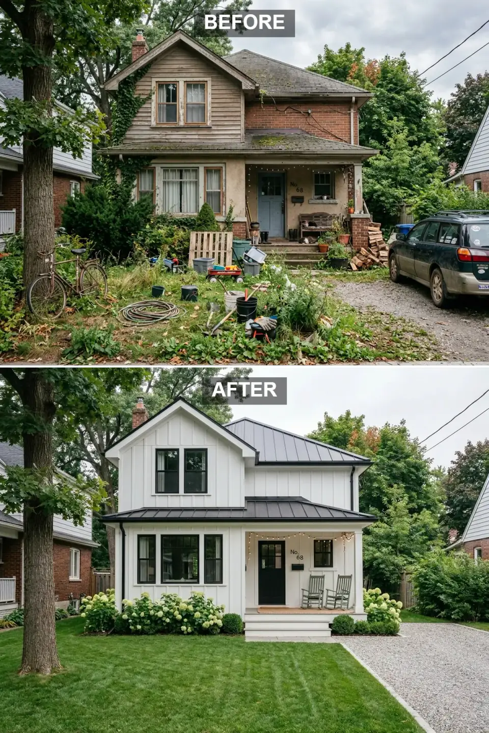 White board-and-batten farmhouse with charcoal standing-seam metal roof, jet-black windows and door, weathered-grey rocking chairs on the porch, and oversized limelight hydrangeas flanking the steps