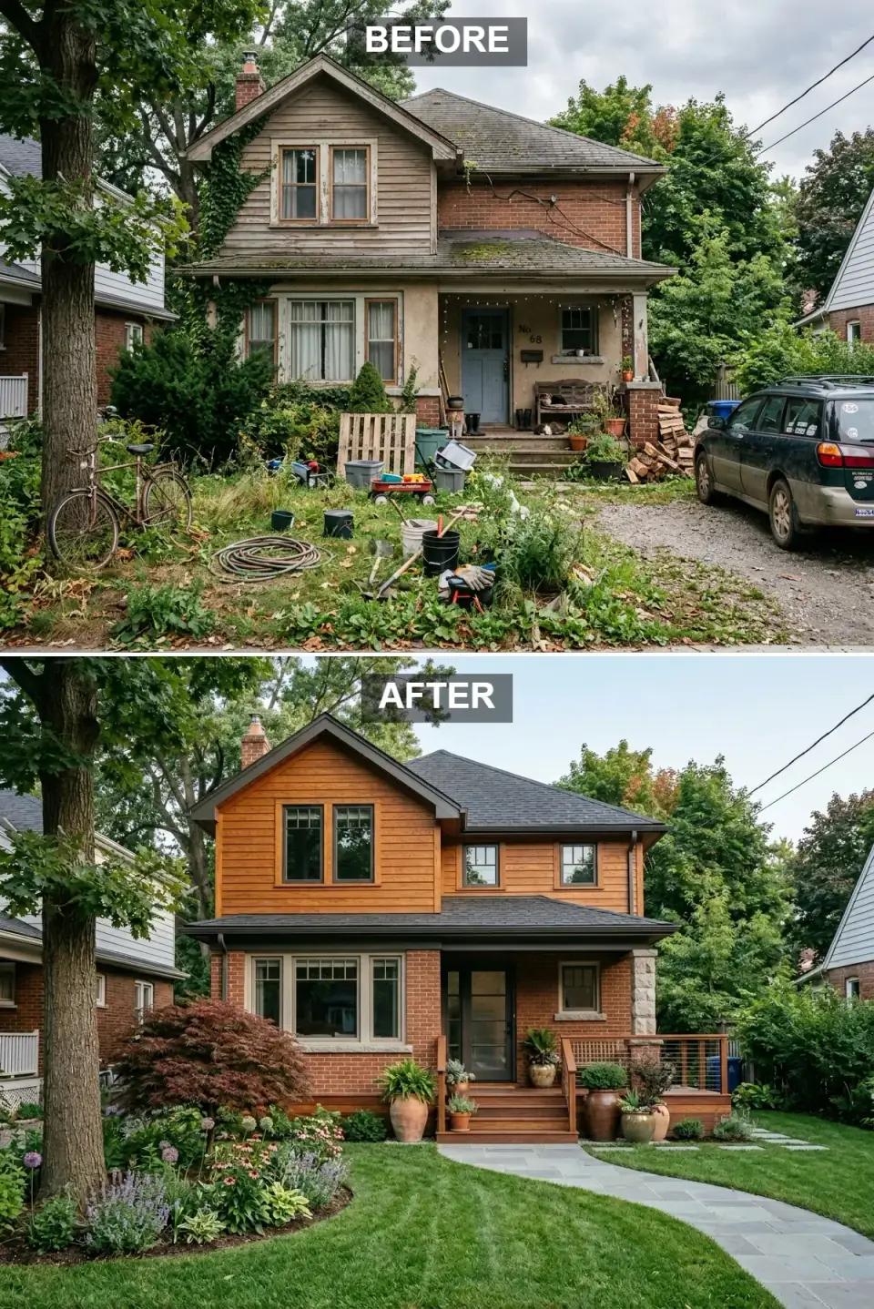 Craftsman home with cedar shake upper story over restored red brick, a covered porch on natural-stone column bases with cable railings, a Japanese maple in curved perennial beds, and a bluestone walkway