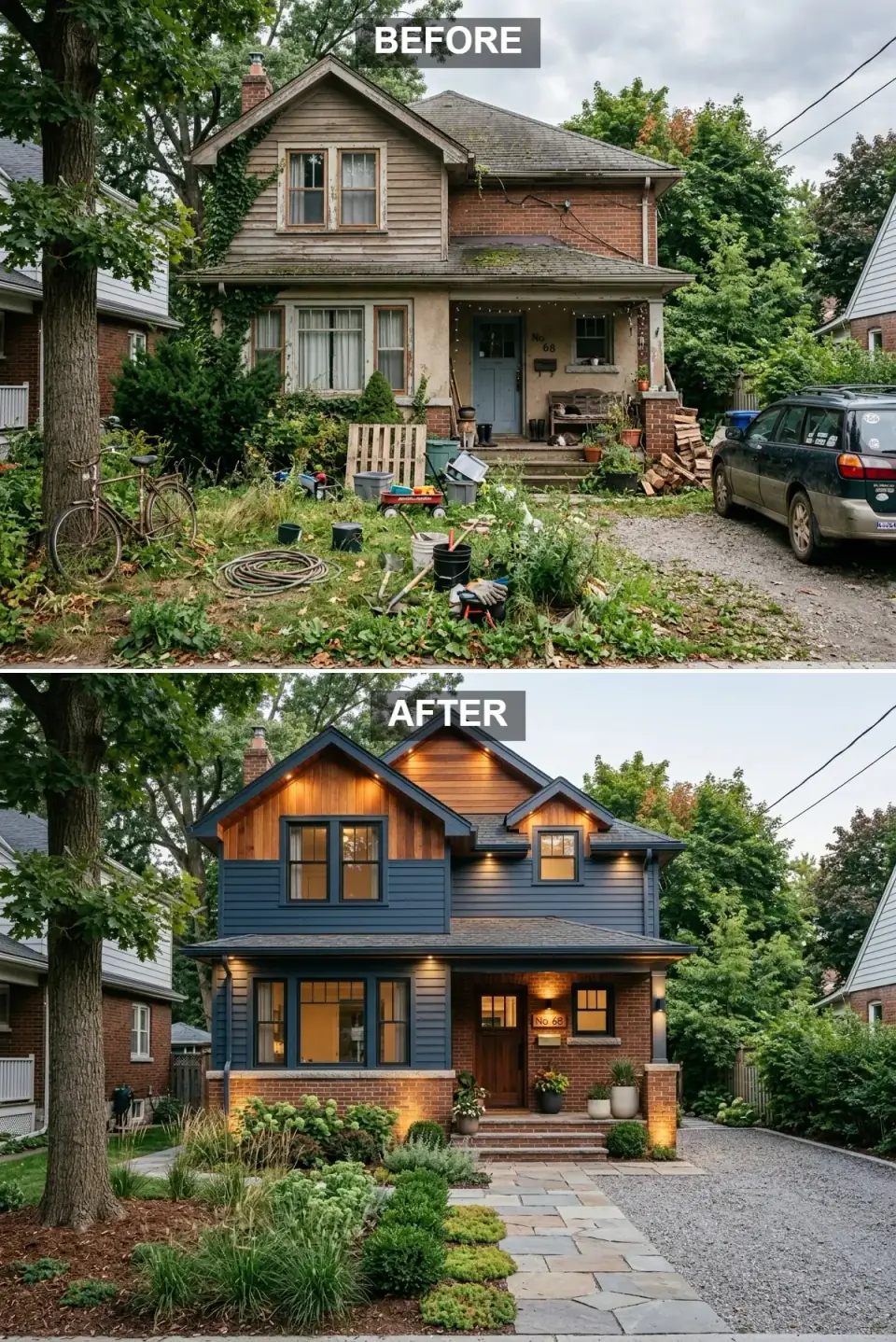 Navy-blue sided home with natural cedar shingle gables over exposed original brick, dramatic exterior lighting from soffit uplights and column sconces, and a natural stone path through ornamental grasses at dusk