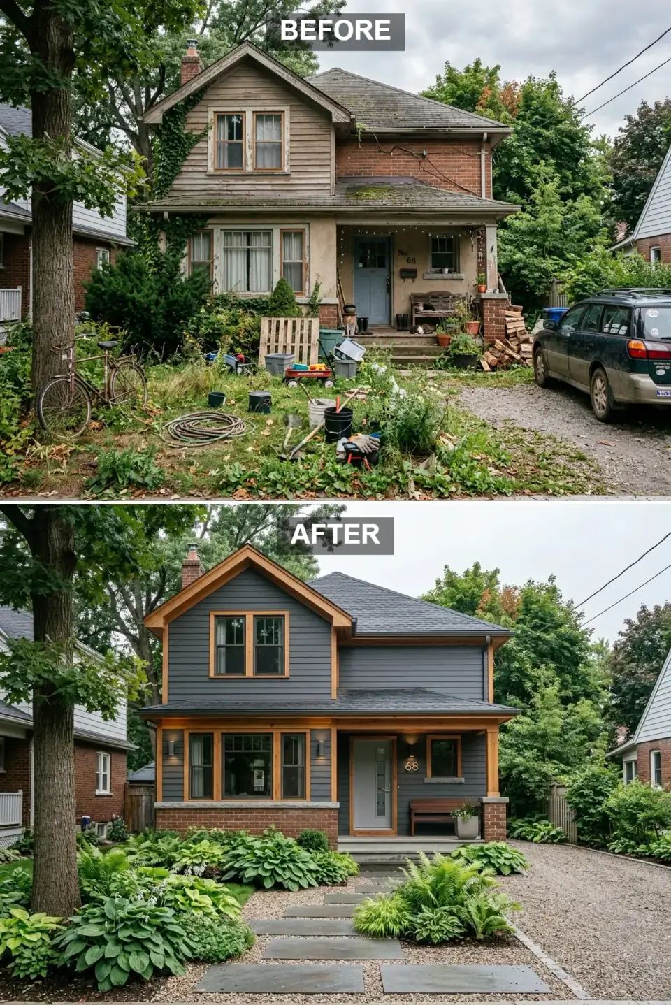 Dark charcoal-grey sided home with natural cedar window and porch trim over an original red-brick base, a single statement planter on the porch, and stepping stones through curved beds of hostas and ferns in dappled shade