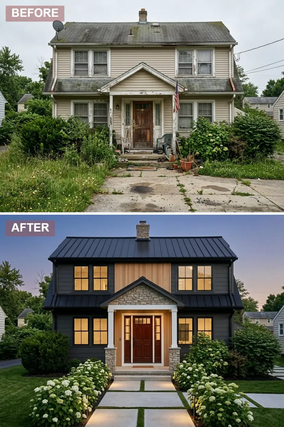 Two-story noir farmhouse exterior with off-black James Hardie clapboard, vertical natural wood accent at the gable, stacked stone columns, black standing-seam metal roof, mahogany six-panel entry door, and oversized pavers with grass joints
