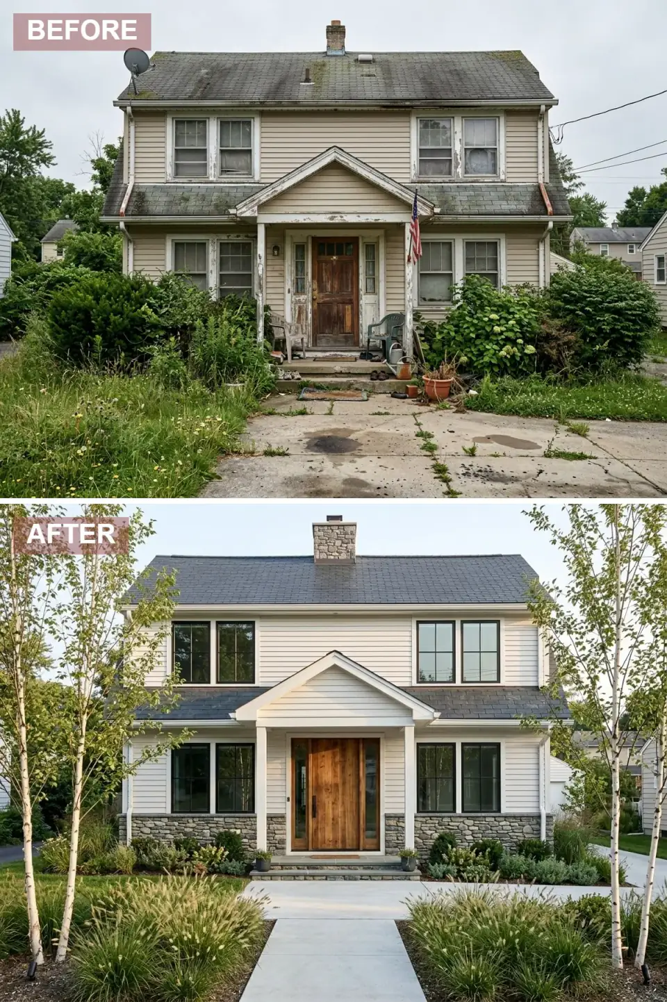 Bright Scandinavian-inspired two-story stone cottage with white horizontal James Hardie siding, dark slate shingle roof, full stone wainscot wrapping the base, wide light-oak plank entry door, black-framed Marvin windows, and birch trees flanking a clean concrete walkway