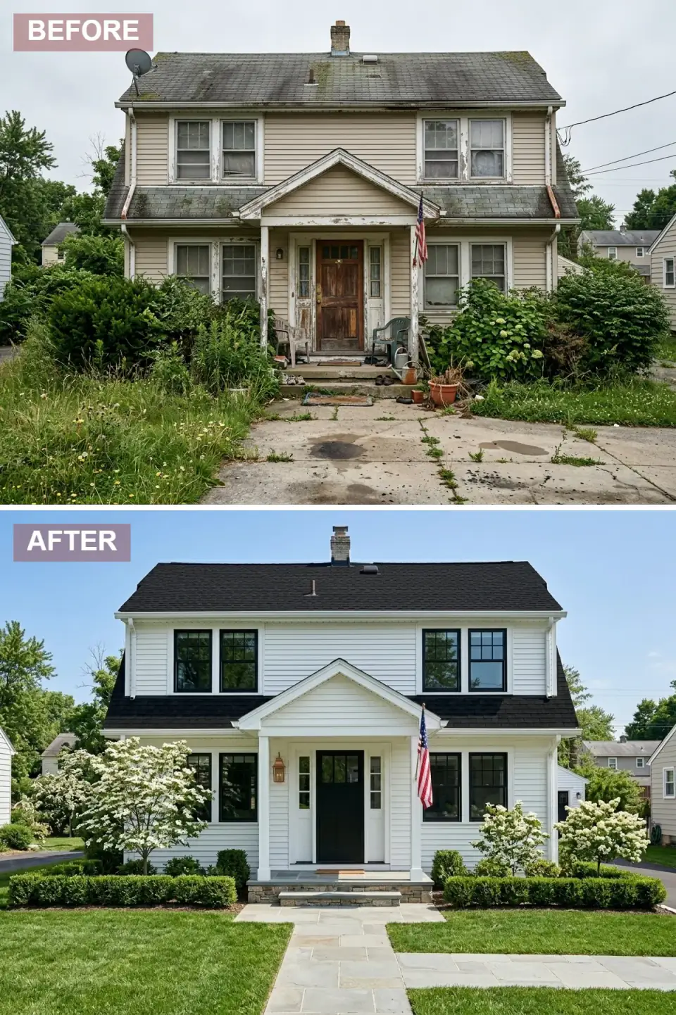 Classic colonial revival two-story home with bright white clapboard siding, jet-black asphalt shingle roof, black-framed double-hung windows with mullions, pedimented entry porch, bold black panel door with brass hardware and lantern sconce, manicured boxwood hedges and dogwoods, and a bluestone walkway with grass borders