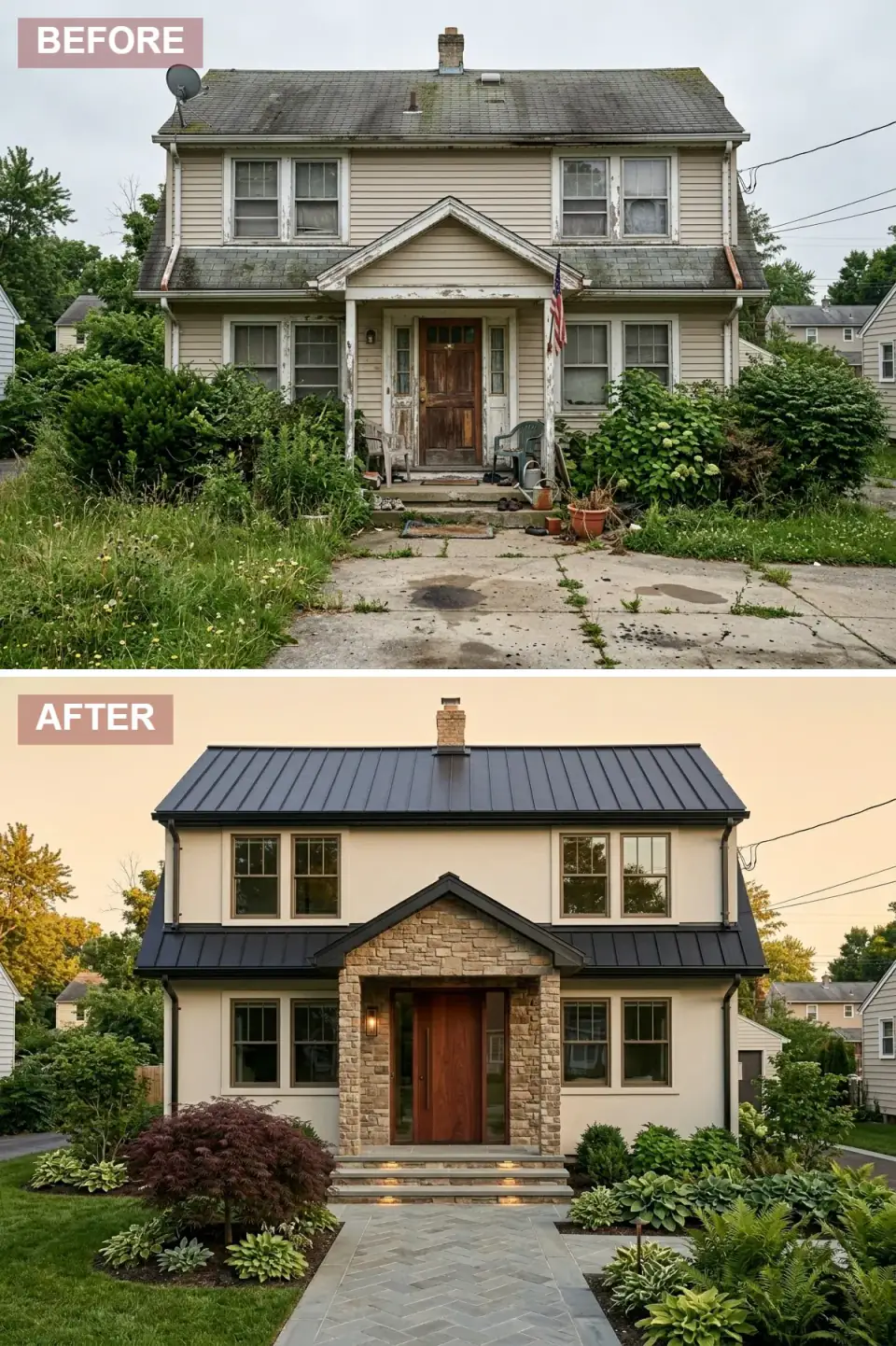 Warm transitional two-story home with cream stucco walls, dark standing-seam metal roof, full stone-veneer wrap on the entry gable and porch columns, rich walnut entry door with full-height sidelights, bronze window frames, burgundy Japanese maple in the front bed, and a herringbone bluestone walkway with illuminated stone steps