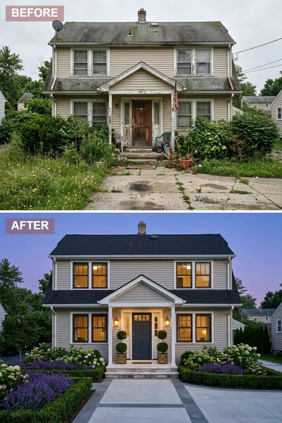 Two-story taupe-gray Hardie clapboard home photographed at dusk with black asphalt shingle roof, white-trimmed entry porch with square columns, deep navy front door with brass hardware, matching lantern sconces, glowing interior windows, symmetrical boxwood parterres, globe topiaries in square planters, white hydrangea drifts and purple salvia borders along a bluestone walkway