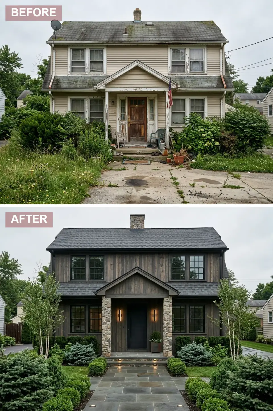 Moody modern lodge exterior with dark-stained horizontal cedar siding, dark gray shingle roof, black-framed windows, thick rugged stone porch columns, matte black entry door, vertical modern sconces, single steel planter, evergreen plantings and birch trees along a dark bluestone path with recessed in-grade lighting