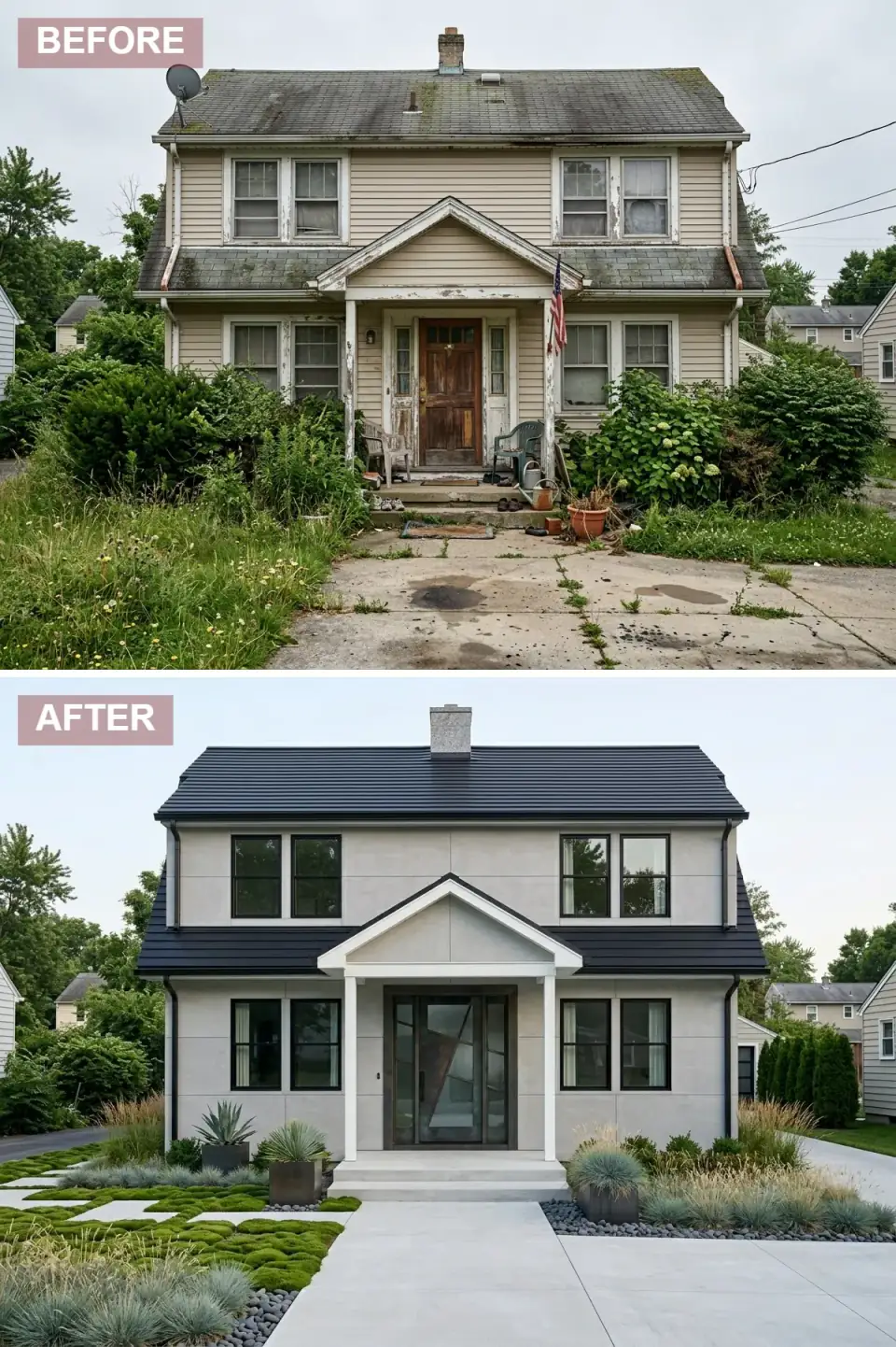Minimalist contemporary two-story home with large-format smooth gray fiber-cement panels, sharp black standing-seam metal roof, flat-roofed porch element, full-height glass entry door with abstract black geometric frame, black metal Marvin Modern windows, xeriscape planting of agave, blue fescue, river rock and chartreuse moss between concrete pavers