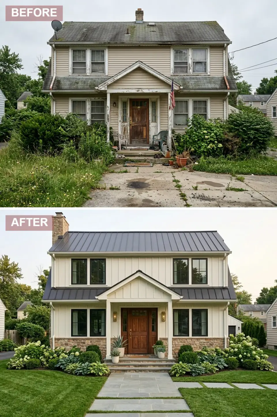 Modern farmhouse two-story exterior with cream board-and-batten James Hardie siding, charcoal standing-seam metal roof, rustic fieldstone foundation wrap, traditional six-panel wood entry door with sidelights, black-framed double-hung windows, clipped boxwoods and white hydrangeas, bluestone path with grass-grid stepping stones, and a relocated stone chimney