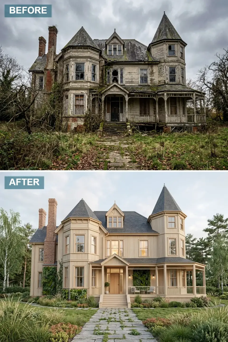 Neglected Victorian reimagined as an organic modern home with light oak vertical wood siding, a charcoal slate roof, a lush green living wall on the left elevation, a light wood front door, and a manicured native-grass landscape with a stepping-stone path