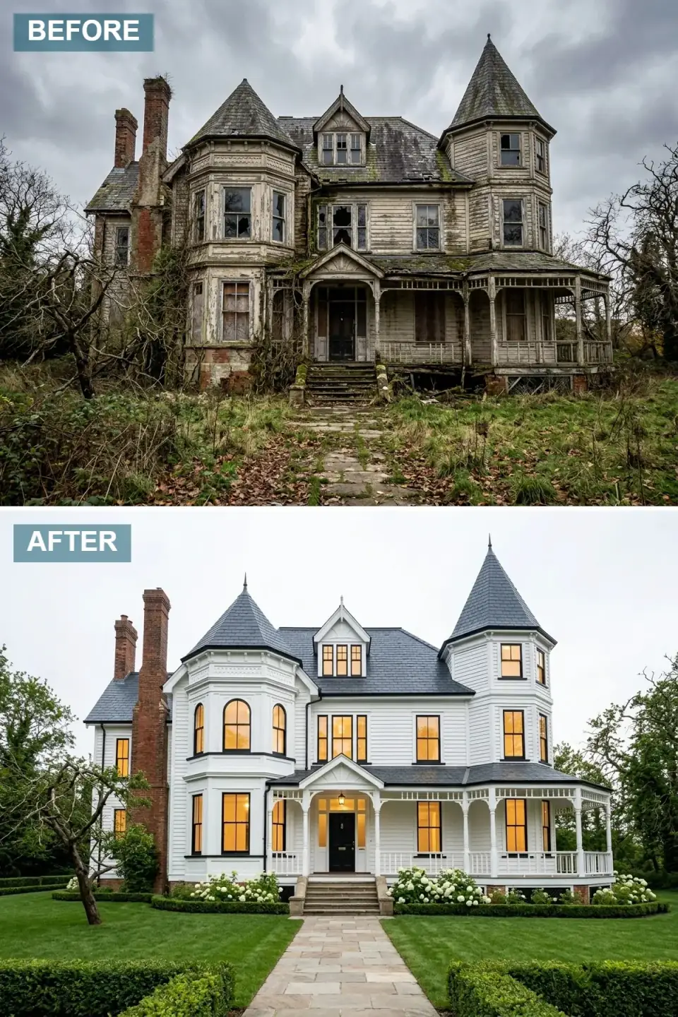 Victorian home meticulously restored in pristine white that highlights the intricate architectural details, with black-framed windows including elegant arched tops, a black front door, a traditional dark blue-grey slate roof, a brick path, manicured hedges, and white hydrangea bushes