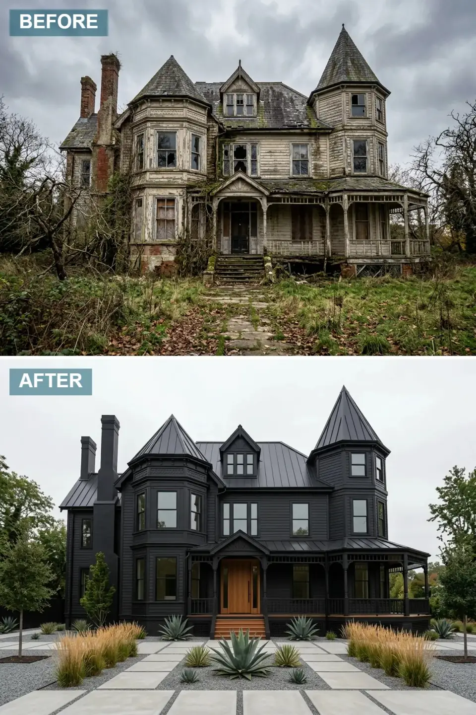 Victorian home radically transformed into an ultra-modern matte-black house including the roof, with simplified clean-lined porch detailing, a warm light teak front door as a focal point, and a minimalist geometric landscape of large concrete pavers, dark basalt gravel, and architectural agave