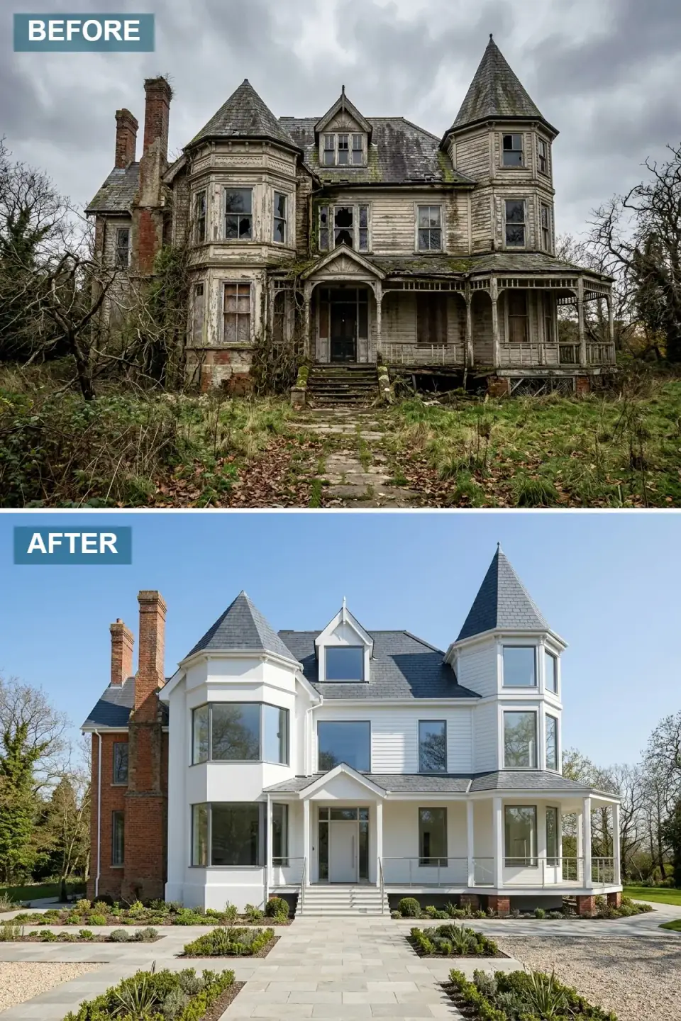 Victorian home transformed into a minimalist white-stucco house with large modern picture windows, sleek glass and stainless-steel porch railings, a flush white front door, and a geometric concrete-paver walkway with gravel beds
