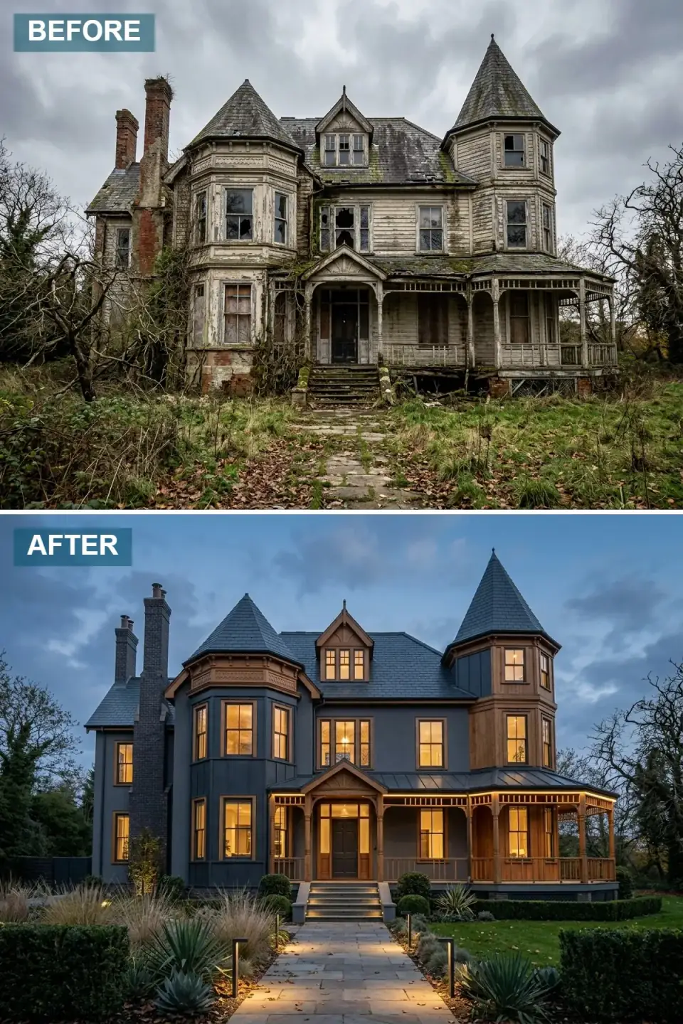 Victorian home renovated in deep charcoal-blue siding with black trim, warm cedar accents on the porch columns, railings, and window trim, warm interior lighting glowing from the windows, and a modern landscape of agave, ornamental grasses, and path lights