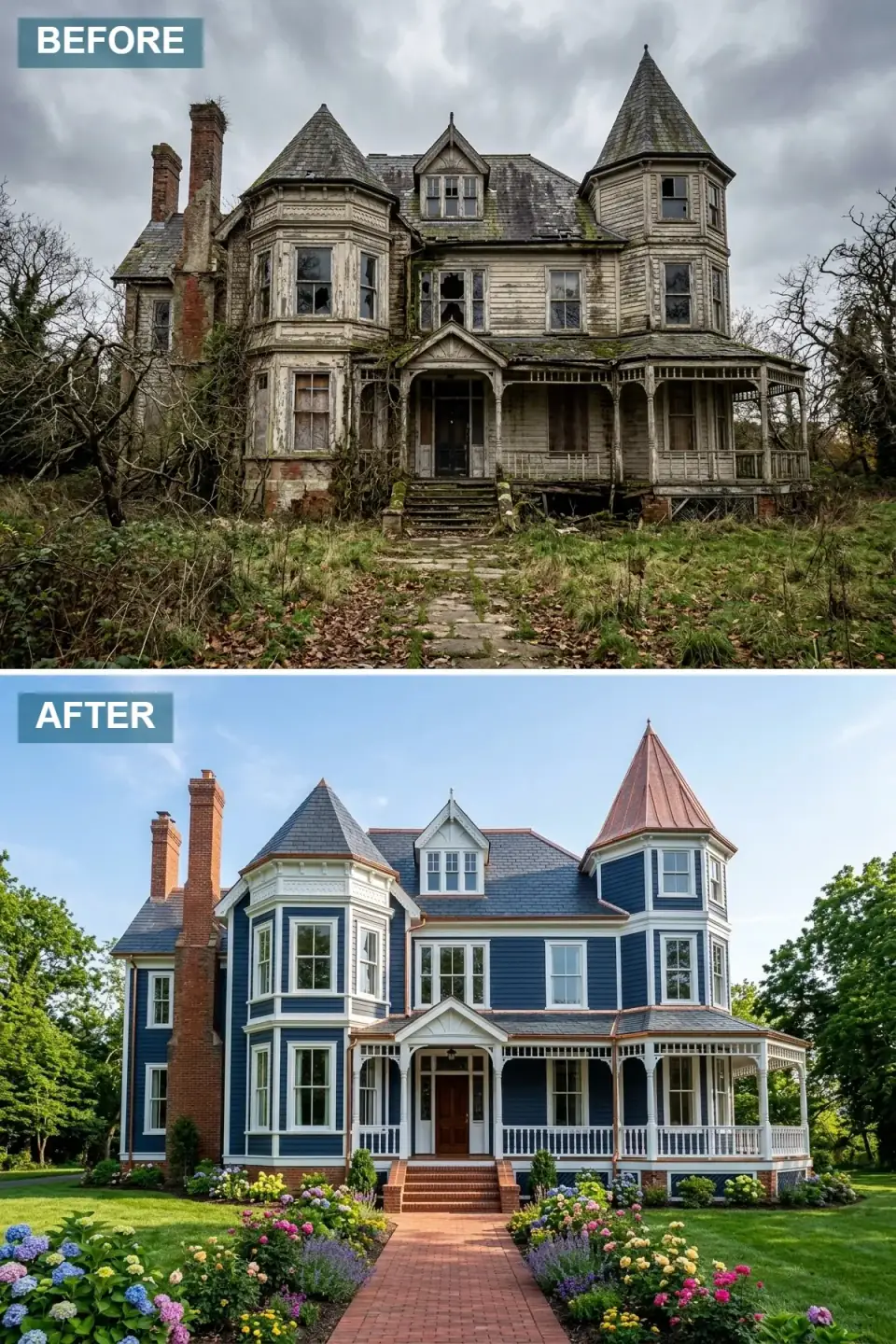 Victorian home restored with deep navy-blue horizontal siding, crisp white trim highlighting the architectural details, aged copper roof accents on the porch and bay window, classic white porch railings and columns, and a red brick path through a garden of hydrangeas, roses, and lavender