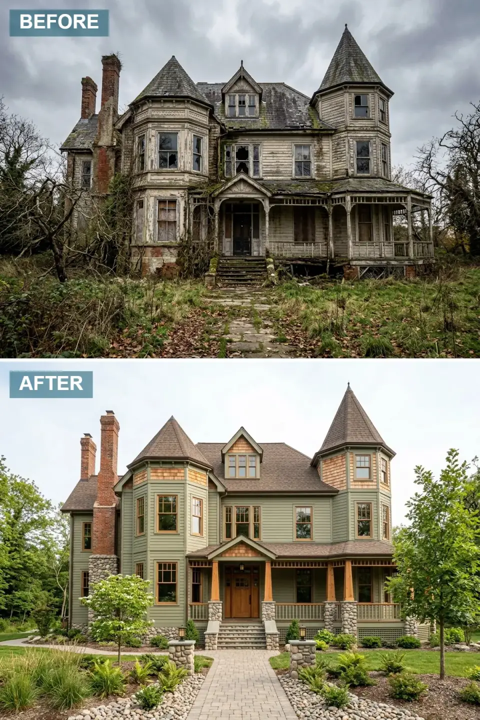 Victorian home renovated with sage-green siding, natural cedar shake accents on the gables and turret, natural stone veneer on the foundation and porch columns, heavy timber porch posts and railings, a wood front door, and a stone paver path through a woodland garden