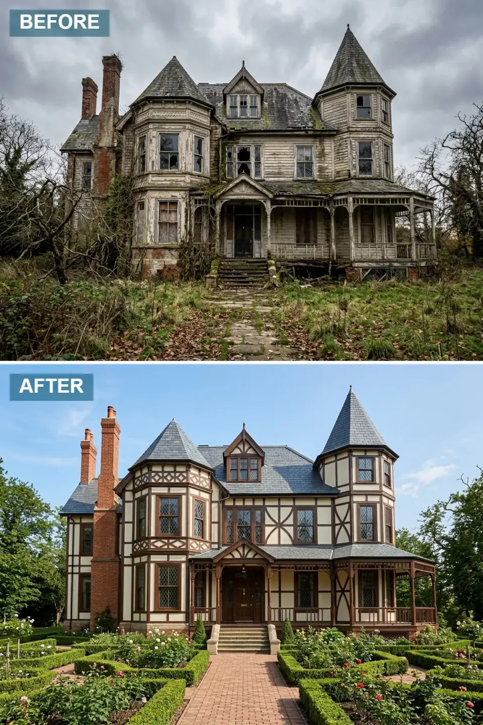 Victorian home transformed into Tudor Revival style with cream stucco walls, decorative dark espresso half-timbering, leaded diamond-pattern glass windows, a slate-grey roof, and a brick path through a formal garden of manicured hedges and rose bushes