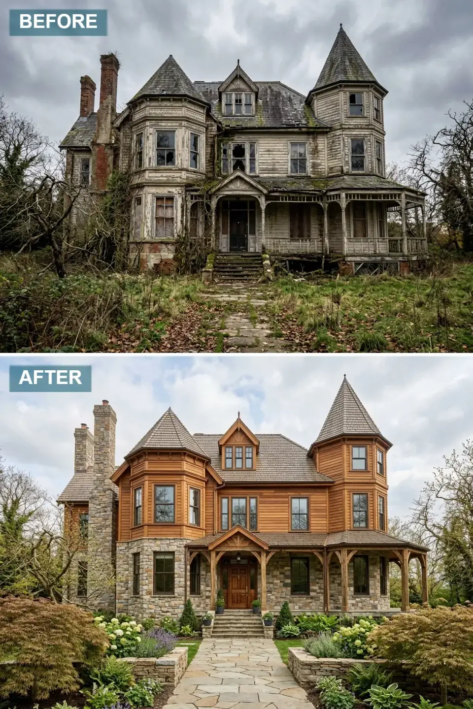 Victorian home renovated as a rugged mountain Craftsman with warm golden-brown wood siding, extensive multi-color fieldstone veneer on the first floor and chimney, a heavy timber-frame porch with stone columns, a cedar shingle roof, and naturalistic landscaping with a flagstone path, ferns, and native shrubs