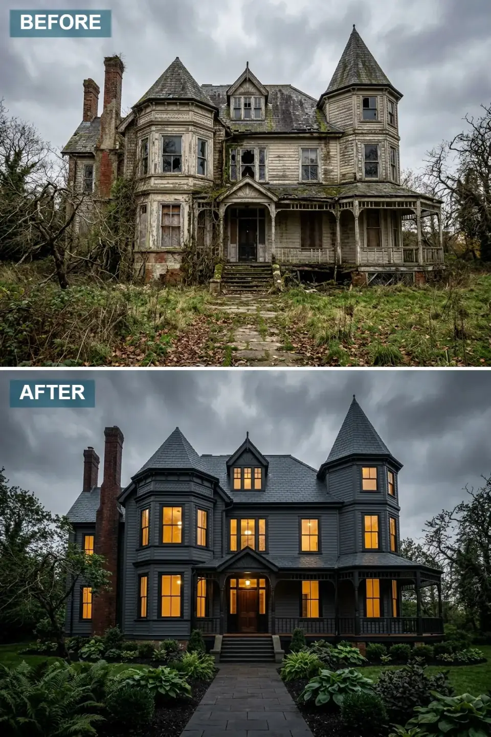 Victorian home painted in a uniform monochrome of dark grey and matte black across siding, trim, and brick chimney, with a dark slate roof, black window frames, warm amber interior light glowing from the windows, a dark wood front door, and moody dark-foliage landscaping