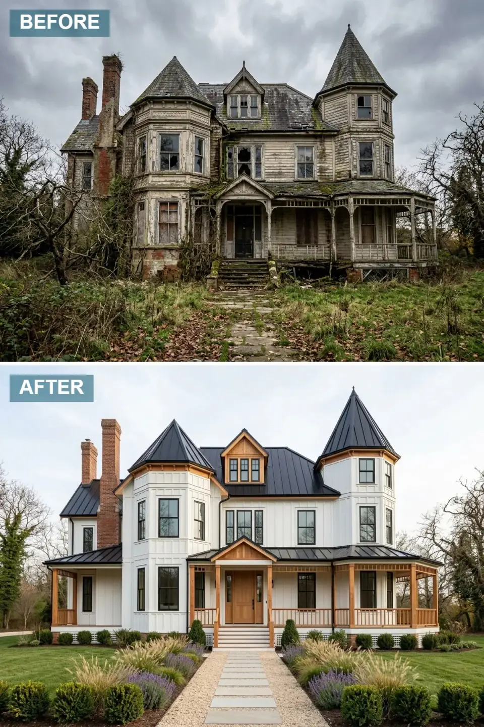 Victorian home blended with modern farmhouse style featuring crisp white board-and-batten and vertical siding, a black standing-seam metal roof, black window frames, light natural wood porch columns, railings, and front door, and a gravel-and-stepping-stone path through ornamental grasses and lavender