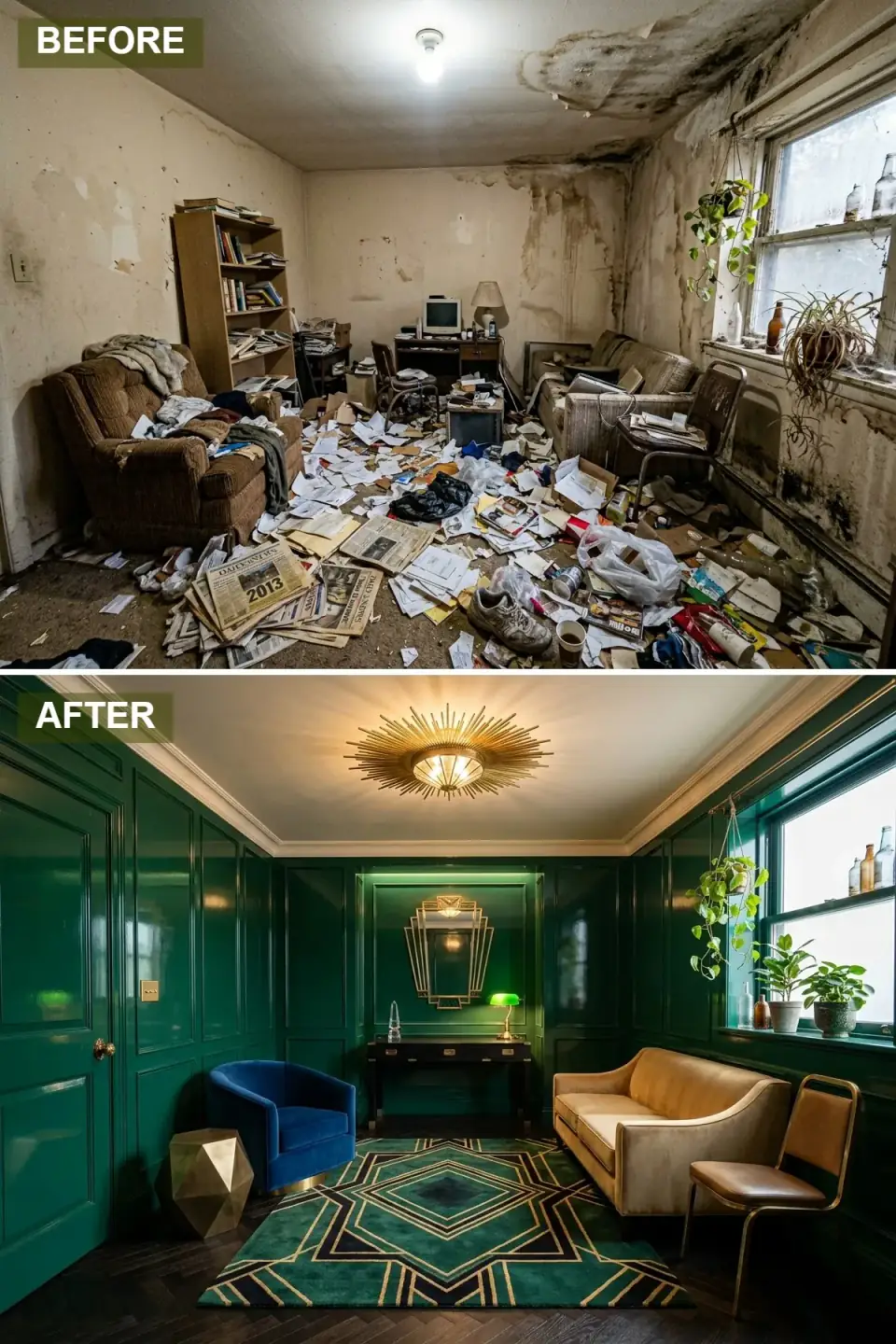 Art Deco office with high-gloss emerald lacquered raised-panel walls, geometric teal and gold rug, cobalt tub chair and brass sunburst ceiling fixture