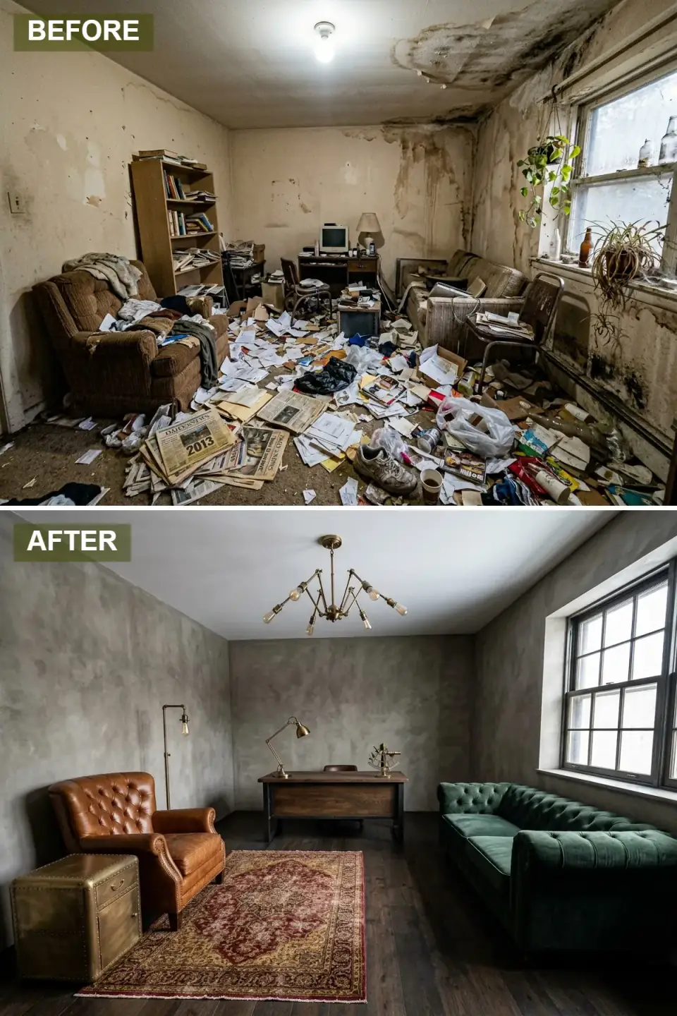 Vintage industrial study with concrete-look plaster walls, cognac leather Chesterfield, emerald tufted sofa, oak desk and a sputnik Edison chandelier