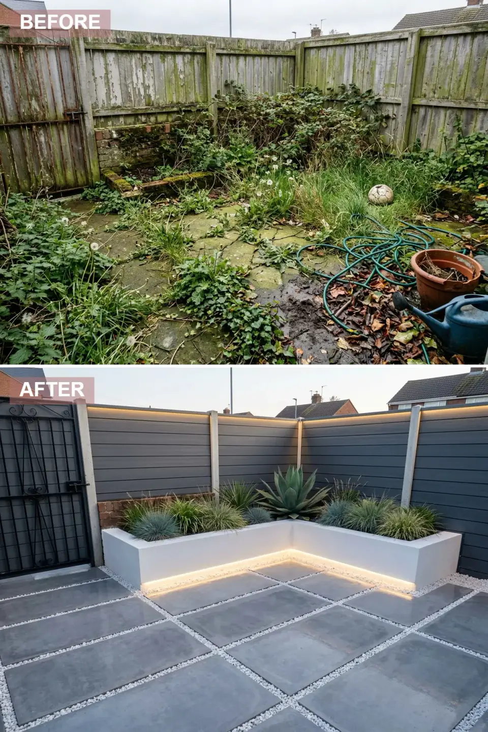 Modern minimalist garden corner with horizontal charcoal composite fencing, an L-shaped white rendered planter glowing from an integrated LED strip, and large-format light grey concrete pavers separated by white gravel joints