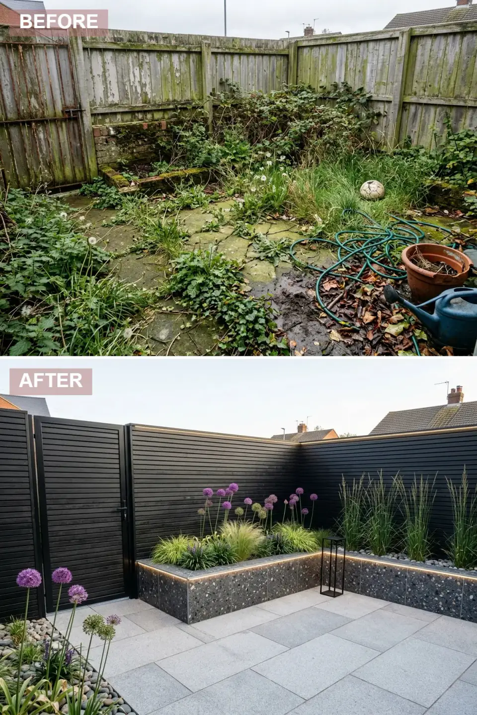 Contemporary garden corner with horizontal black slatted timber fencing, a raised planter clad in dark grey multi-speckle terrazzo tile with integrated LED strip lighting, light grey granite paving and a pair of slim black frame metal lanterns