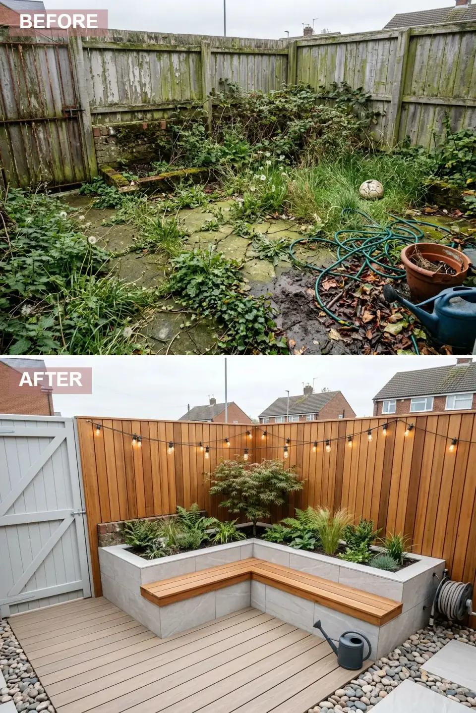 Cozy garden corner with vertical cedar timber cladding, a pale grey porcelain-faced raised planter with an integrated cedar bench seat, light composite decking and festoon string lights overhead