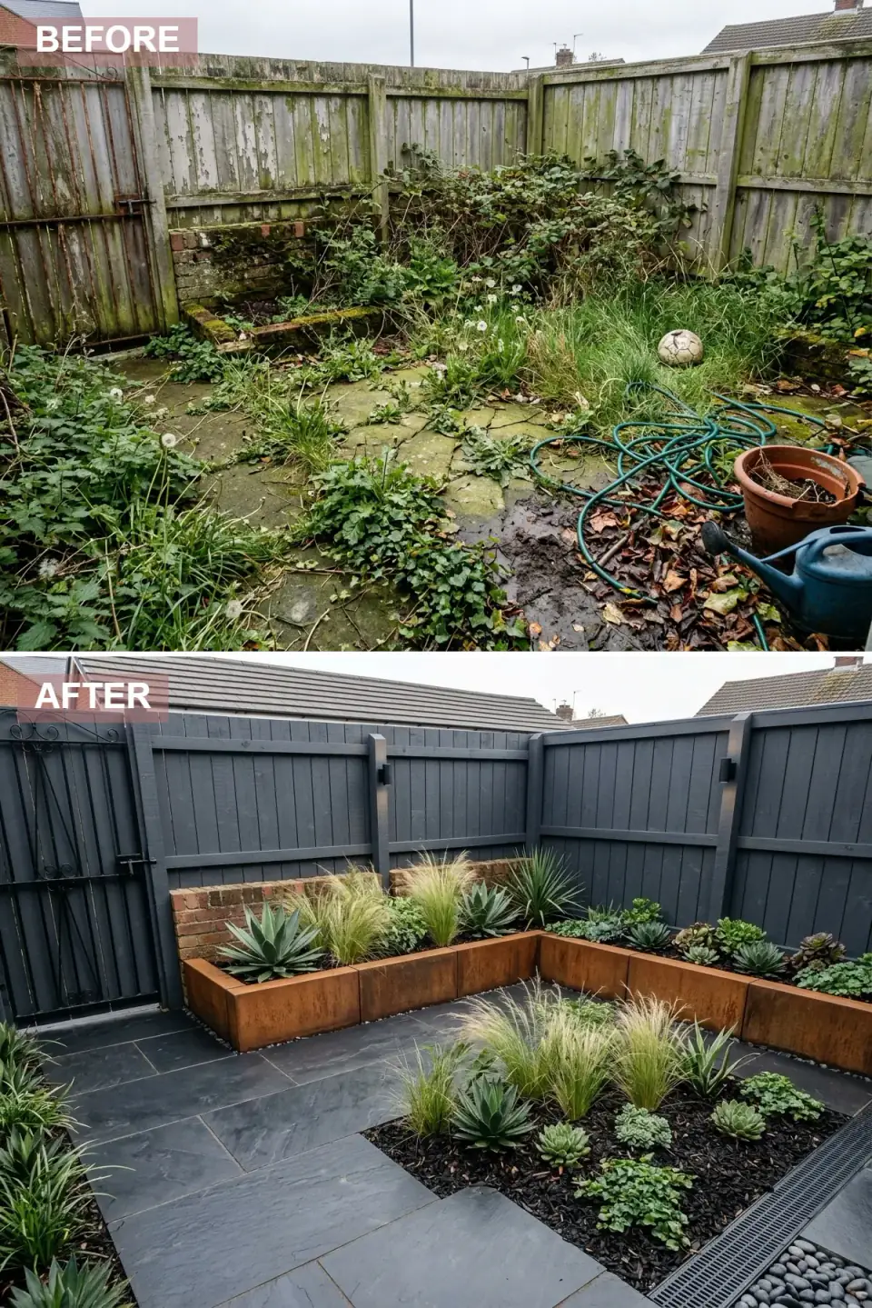 Deep charcoal painted fence with a weathered Corten steel raised planter, large dark slate paving, black mulched planting beds and matte black modern wall lights on the fence posts