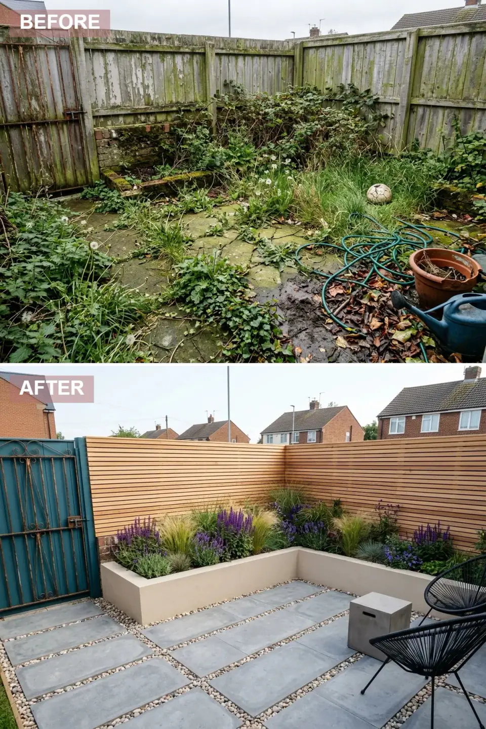 Bright Scandinavian garden corner with horizontal slatted natural-timber fencing, a teal-blue painted gate, a smooth warm-beige rendered planter and light grey concrete pavers with pebble joints, furnished with modern string chairs