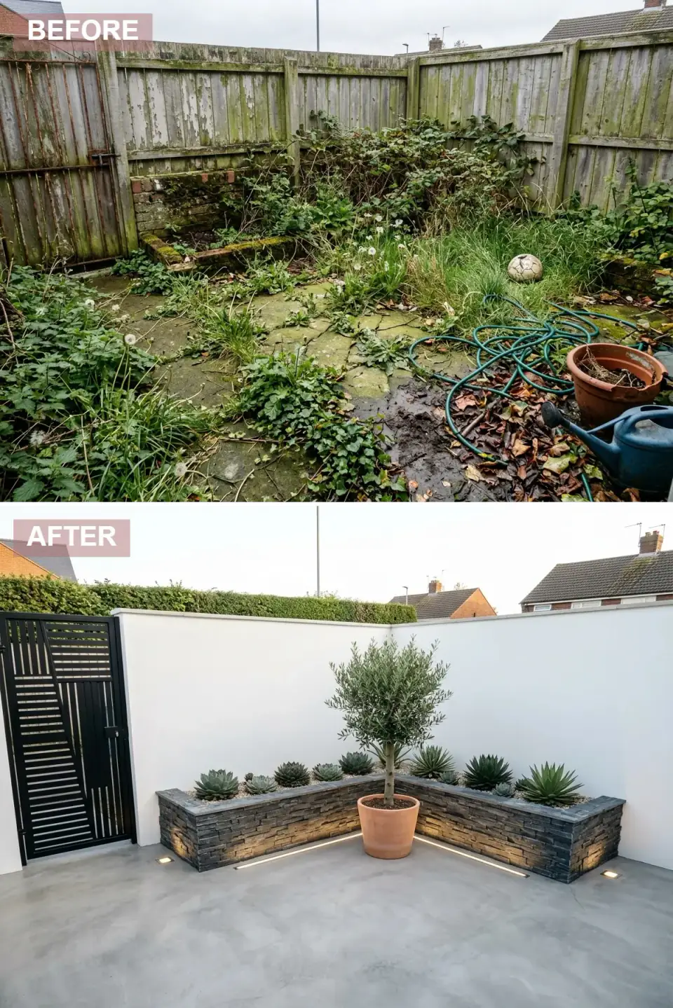 Tall white rendered boundary wall replacing a fence, with a black metal gate, a stacked charcoal slate clad planter on integrated LED lighting, continuous poured light grey concrete flooring and a large olive tree in a terracotta pot