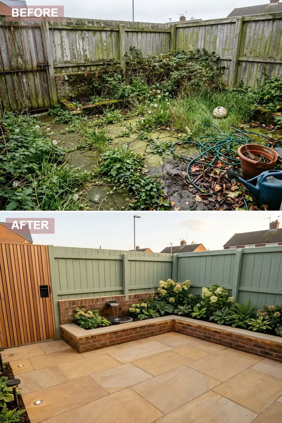 Traditional garden corner with sage-green painted fencing, a vertical cedar slat gate, an extended brick planter with stone coping and a built-in water blade cascading into a round bowl, paved in warm buff sandstone with subtle coping lighting