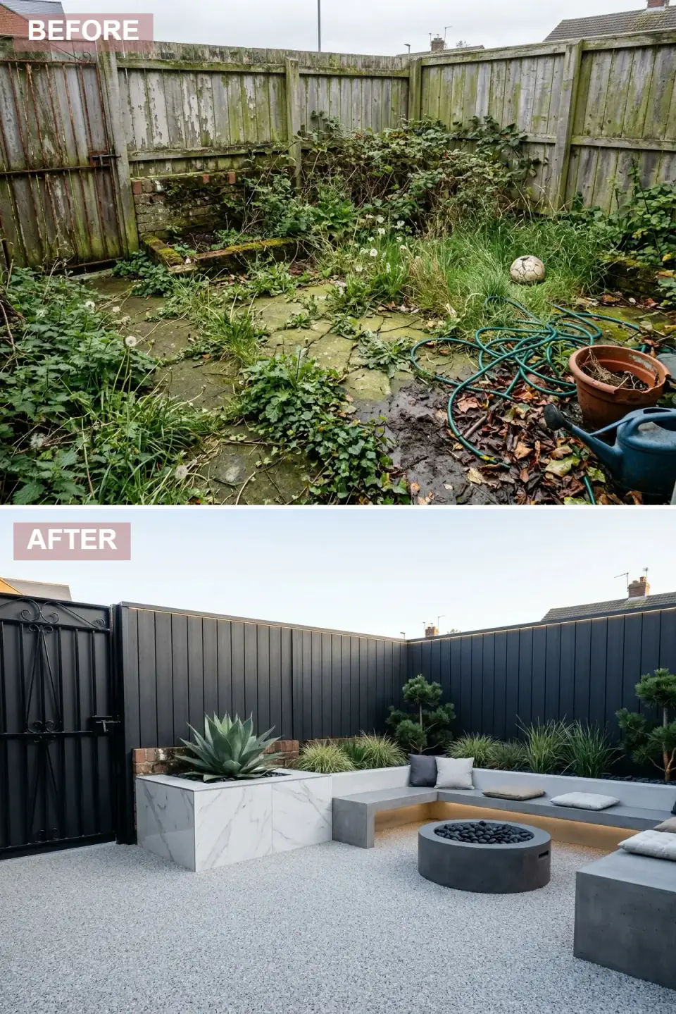 Luxury garden corner with matte black painted fencing, a large-format white marble-effect porcelain clad planter, a floating concrete cantilever bench with LED reveal, a round concrete fire pit and a light grey resin-bound gravel floor