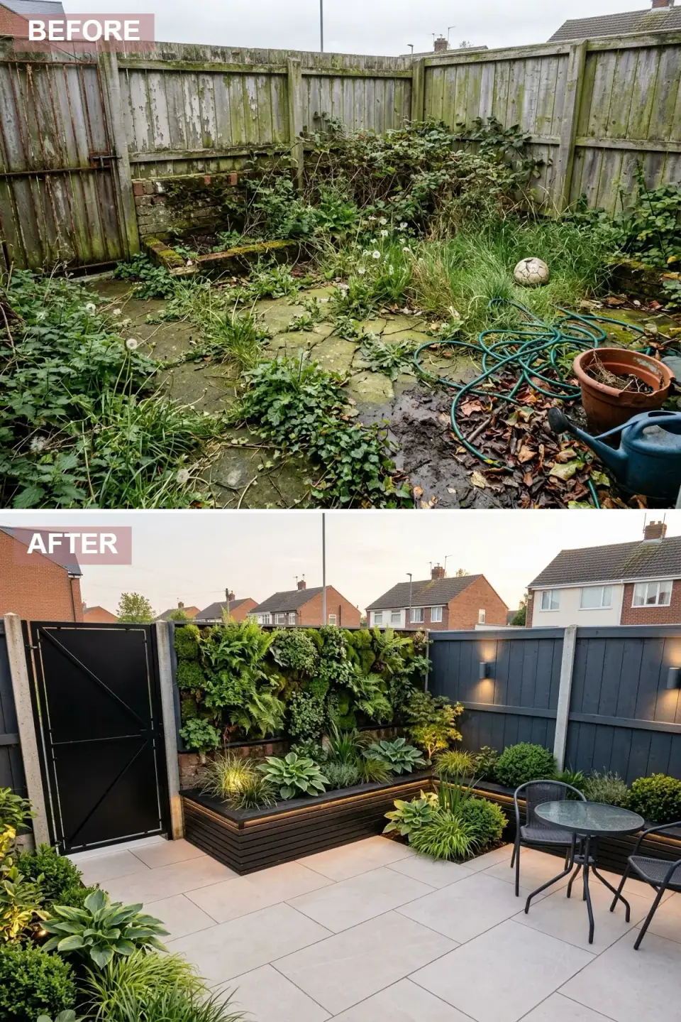 Dark grey garden corner anchored by a lush living wall, with a black horizontal slatted timber planter featuring integrated warm-white LED lighting, large light beige porcelain paving and a small black bistro dining set