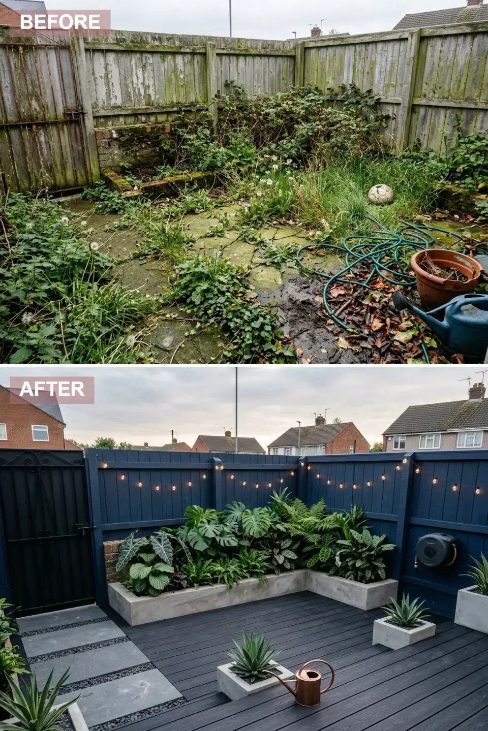 Tropical-feel garden corner with deep navy painted fencing, a black gate, two large smooth grey concrete planters, dark grey composite decking, festoon string lights overhead and a copper watering can as an accent