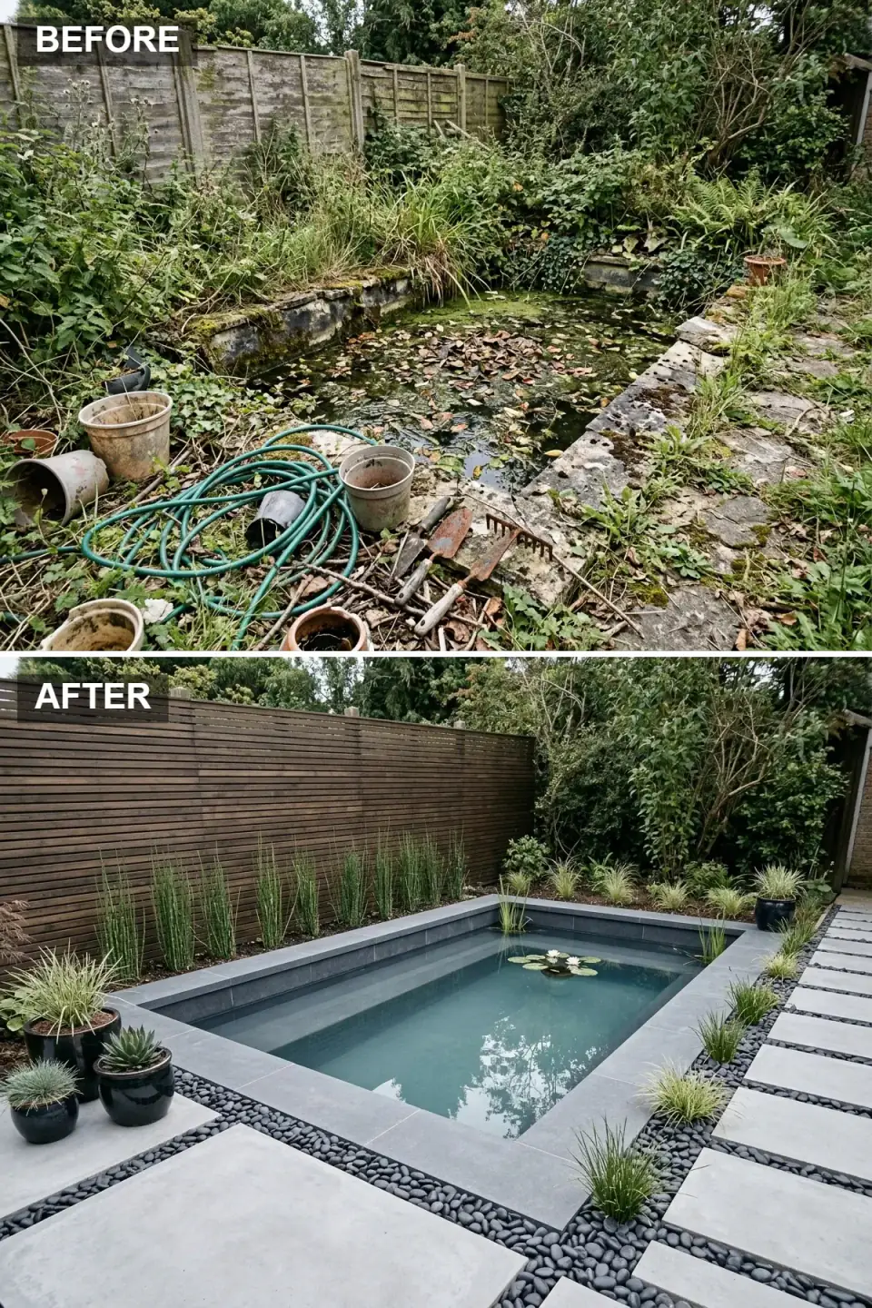Sleek minimalist garden pond transformation — overgrown chaos replaced with calm ordered space, original concrete shell relined as dark grey basin with wide clean-lined coping, clear water reflecting surroundings, contemporary horizontal slatted dark walnut wood fence backdrop, large-format concrete pavers with black pebble inlay creating modern uncluttered patio, restrained architectural horsetail reeds in sleek glossy black planters.