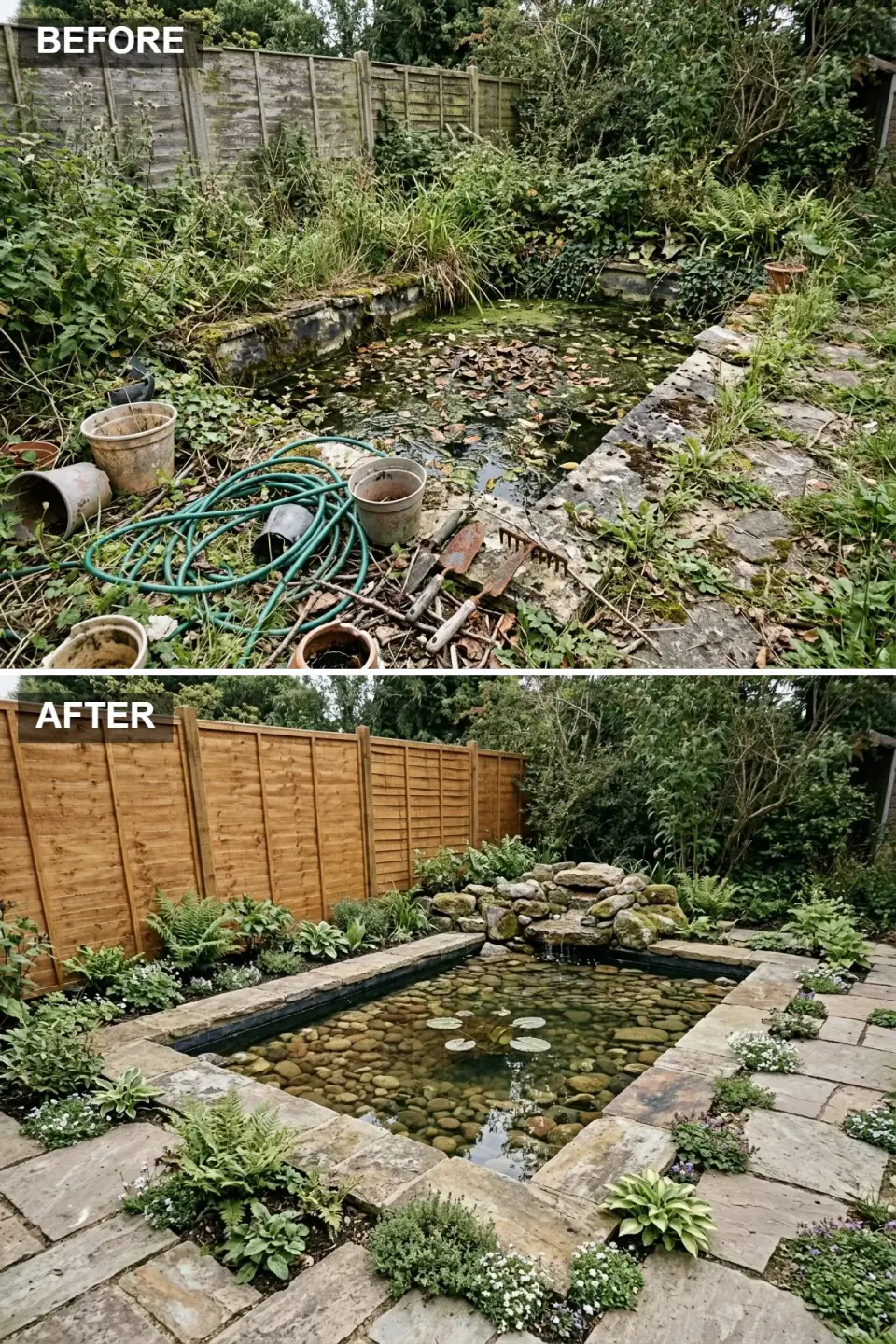 Naturalistic rock oasis pond renovation — rigid lines softened by varying-sized weathered fieldstones and boulders forming a cascading three-tier waterfall feature, crystal clear water revealing river-pebble bottom, irregular Pennsylvania bluestone flagstone paving with creeping thyme growing in joints, lush shade-loving ferns and hostas, medium-oak wood fence backdrop.