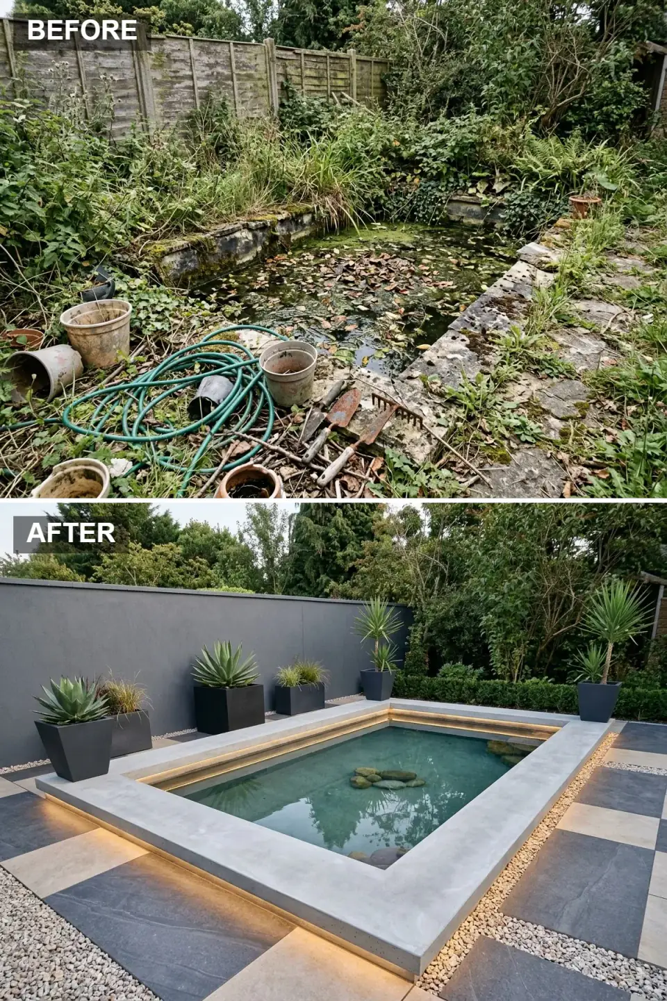 Contemporary chic garden pond with integrated lighting — thick prominent cast concrete surround giving substantial architectural presence, clear water with artfully placed dark river stones, hidden warm 2700K LED strip lighting beneath the coping casting golden glow across water surface, surrounding patio in mixed dark and light grey large-format porcelain tiles in geometric pattern, oversized black planters with sculptural agave and ornamental grasses against smooth dark grey rendered backdrop wall.