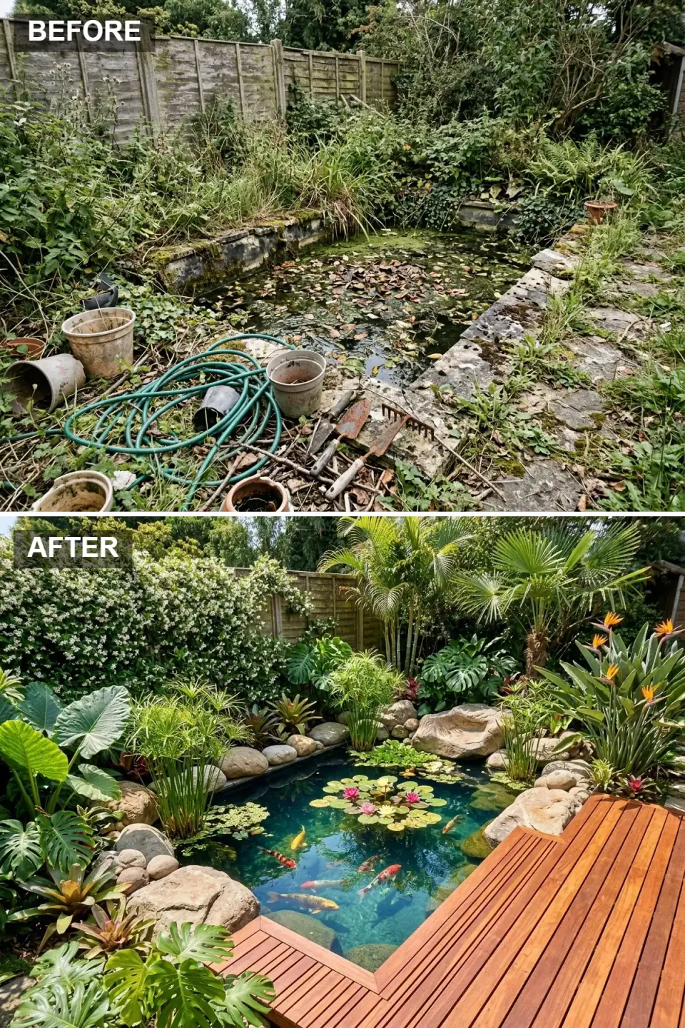 Lush tropical garden pond escape — crystal-clear blue water replacing the murky original, vibrant koi fish swimming below floating water lilies, raised reddish-brown timber deck providing dedicated viewing platform, densely planted tropical foliage of palms, bird of paradise and monstera completely hiding the original fence, large natural tan granite boulders placed around pond edge, grey slate pond coping.