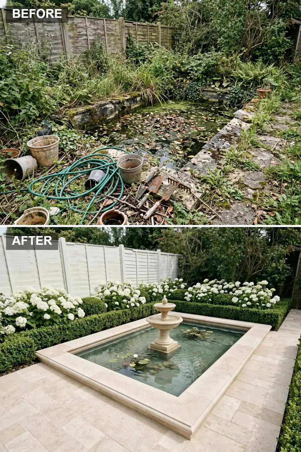 Classic formal garden pond renovation — formal water feature with wide cream travertine stone coping, classic two-tier limestone fountain centerpiece producing soft falling-water sound, surrounding patio in elegant pale limestone tiles, symmetrical manicured low boxwood hedges, abundant white hydrangea plantings against freshly painted crisp white classic fence.