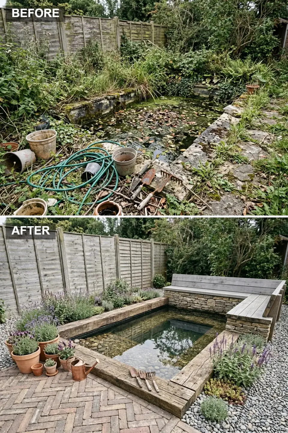 Rustic garden pond with built-in bench — pond framed in chunky weathered oak timber sleepers, custom corner bench combining timber bench top with stone-filled gabion baskets as the structural base, herringbone red-orange brick paving in classic pattern, cottage-style planting of lavender and herbs, terracotta pots along the seating area, clear pond water revealing pebble bottom and reflecting the bench and planting.