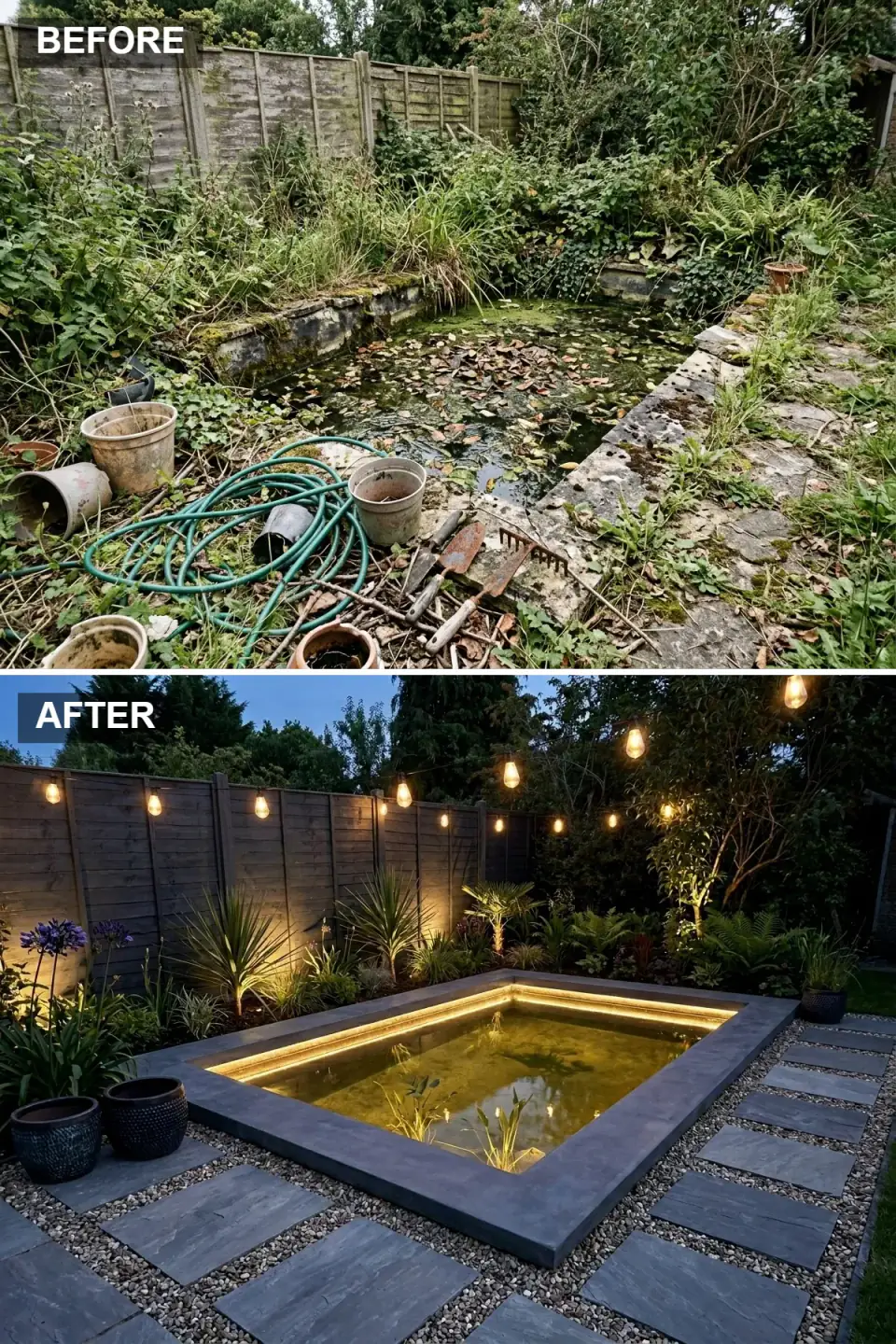 Magical evening garden pond retreat — modern concrete coping pond glowing as central focal point at night with integrated warm 2700K LED strip lighting hidden beneath the edge, overhead bistro string lights draped across the garden creating warm inviting ambiance, dark slate paving and dark fence receding into background, illuminated specimen plants taking center stage in the layered low-voltage lighting plan.
