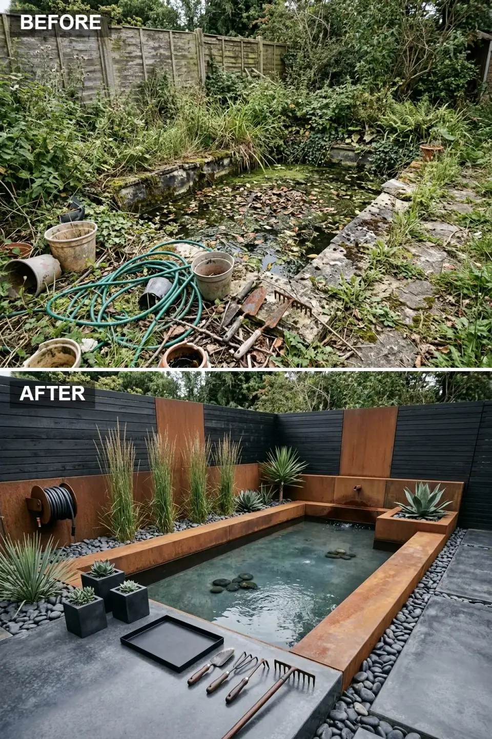 Industrial chic garden pond with Corten steel — pond edge and new multi-level planter and water-feature wall constructed entirely from weathered Corten steel in rich rusty orange patina, large matte black concrete paver patio, smooth black river-stone bedding, architectural agave and ornamental grass plantings, wall-mounted hose reel as functional design accent, dramatic monochrome backdrop fence stained black.