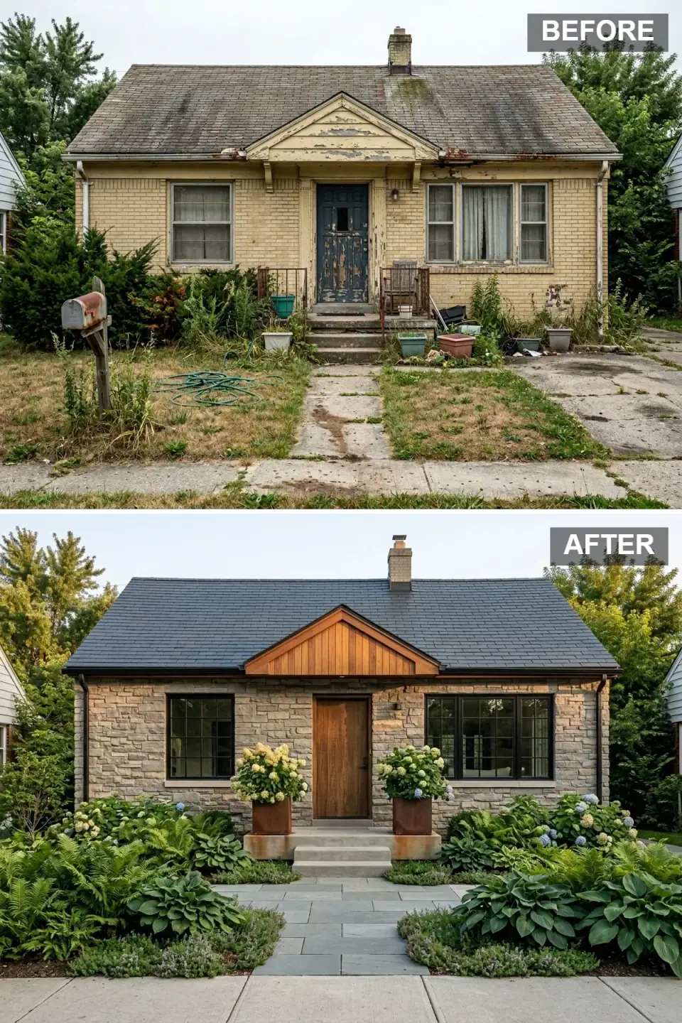 Bungalow re-clad in full natural stone veneer with a charcoal shingle roof, cedar gable, walnut entry door, and a bluestone path through layered hostas and hydrangeas